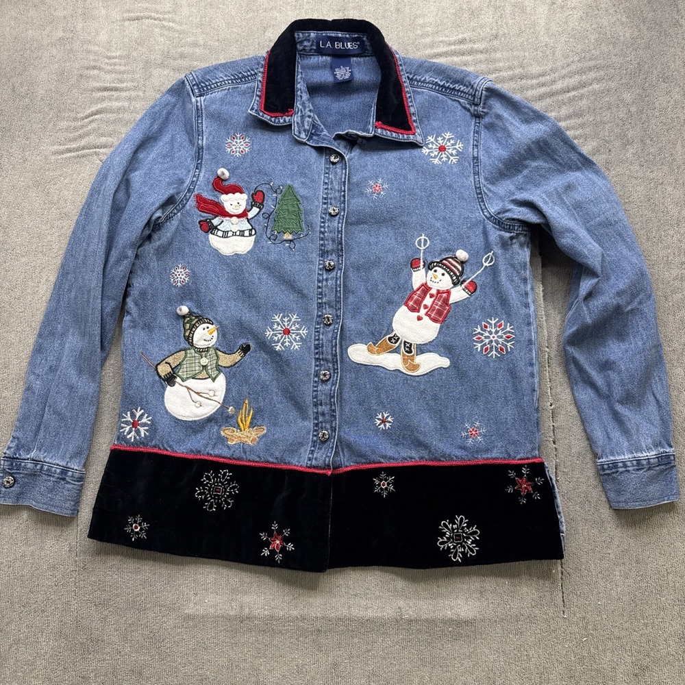 Vintage Snowman Embroidered Denim Jacket Womens L Winter Holiday Casual